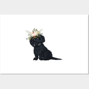 Black Dog with Flowers Posters and Art